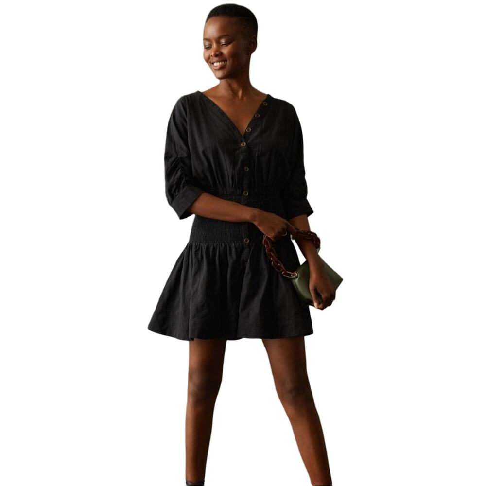 Maeve Anthropologie Black Puff Sleeve Smocked Open Back Cotton Mini Dress L - Picture 3 of 13